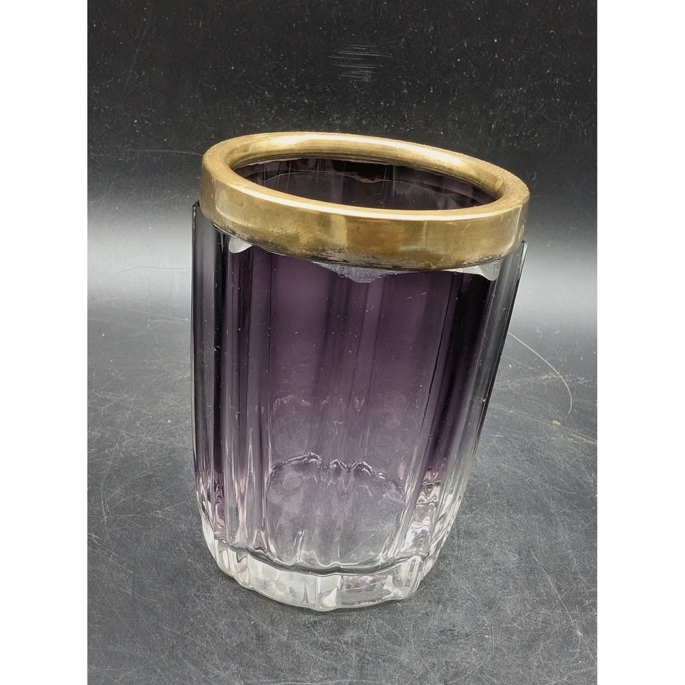 Moser Amethyst Faceted Art Glass Vase with Brass Rim Purple Ombre Bohemian 4"